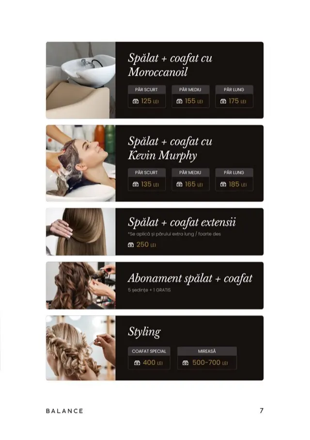 Pagina cu lista de servicii și prețuri de hairstyling din meniul Balance