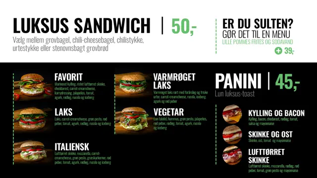 Ecran de meniu digital Nadias — secțiunea Luksus Sandwich și Panini