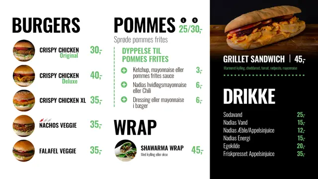 Ecran de meniu digital Nadias — Burgers, Pommes, Wrap și Drikke
