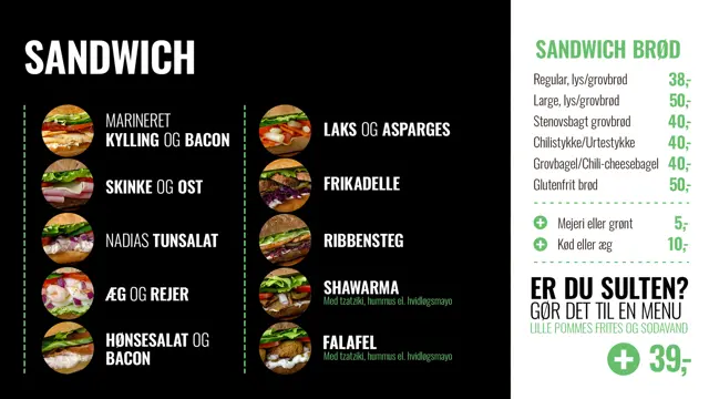 Ecran de meniu digital Nadias — secțiunea Sandwich cu sortimentele de pâine și adaosuri